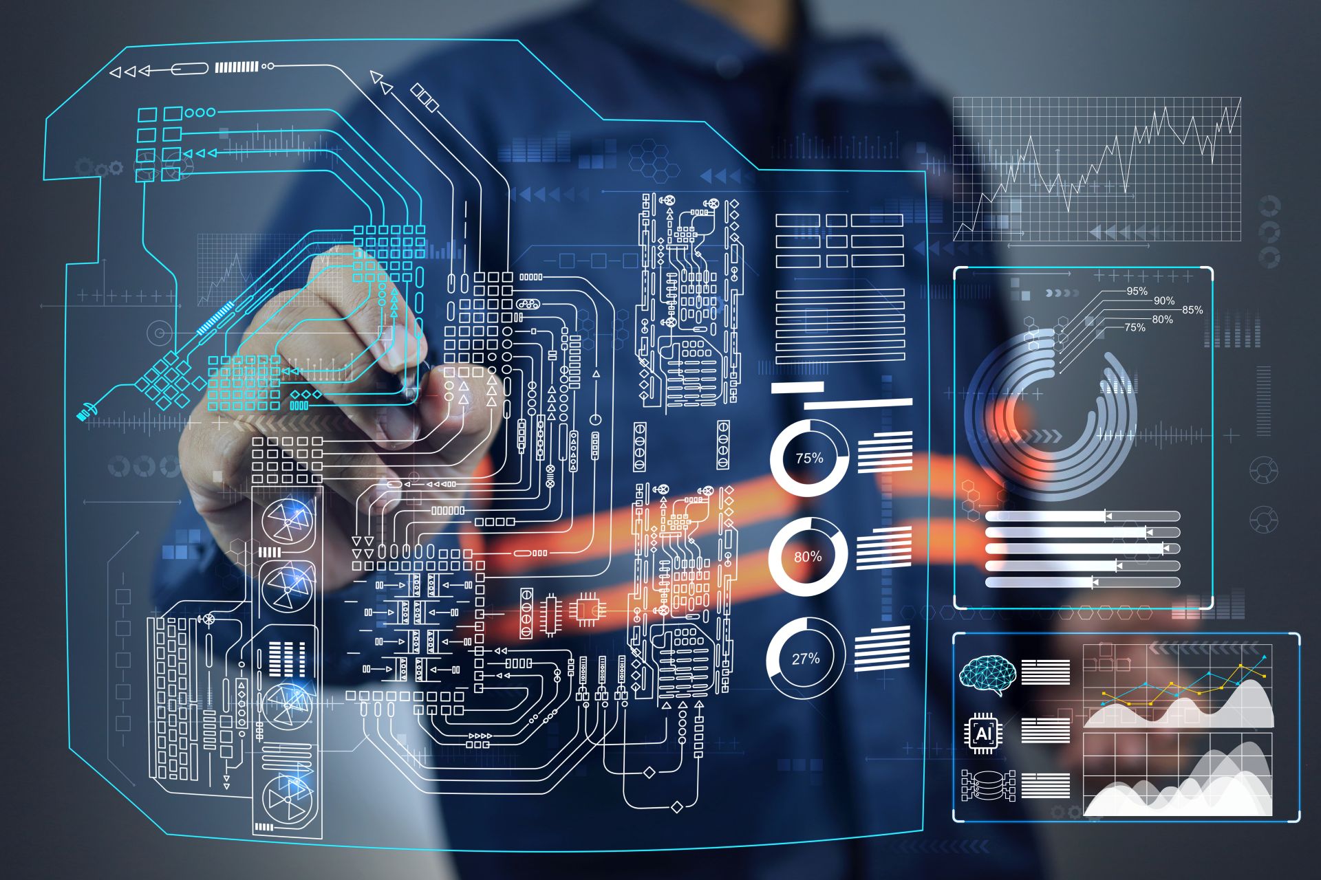 Fachkraft analysiert digitale Schaltpläne auf einem transparenten Interface – industrielle Datenintegration und Verbindungstechnik
